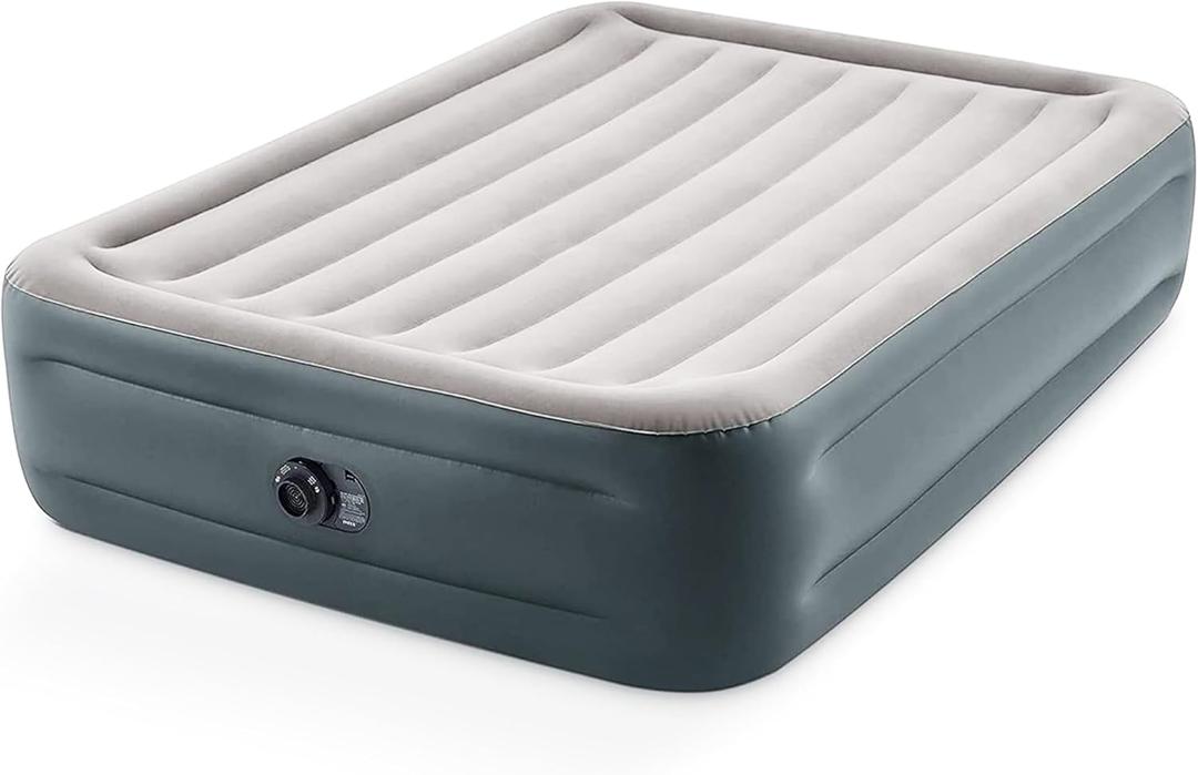 Intex 64125ED Dura-Beam Plus Essential Rest Air Mattress: Fiber-Tech – Queen Size – Built-in Electric Pump – 18in Bed Height – 600lb Weight Capacity