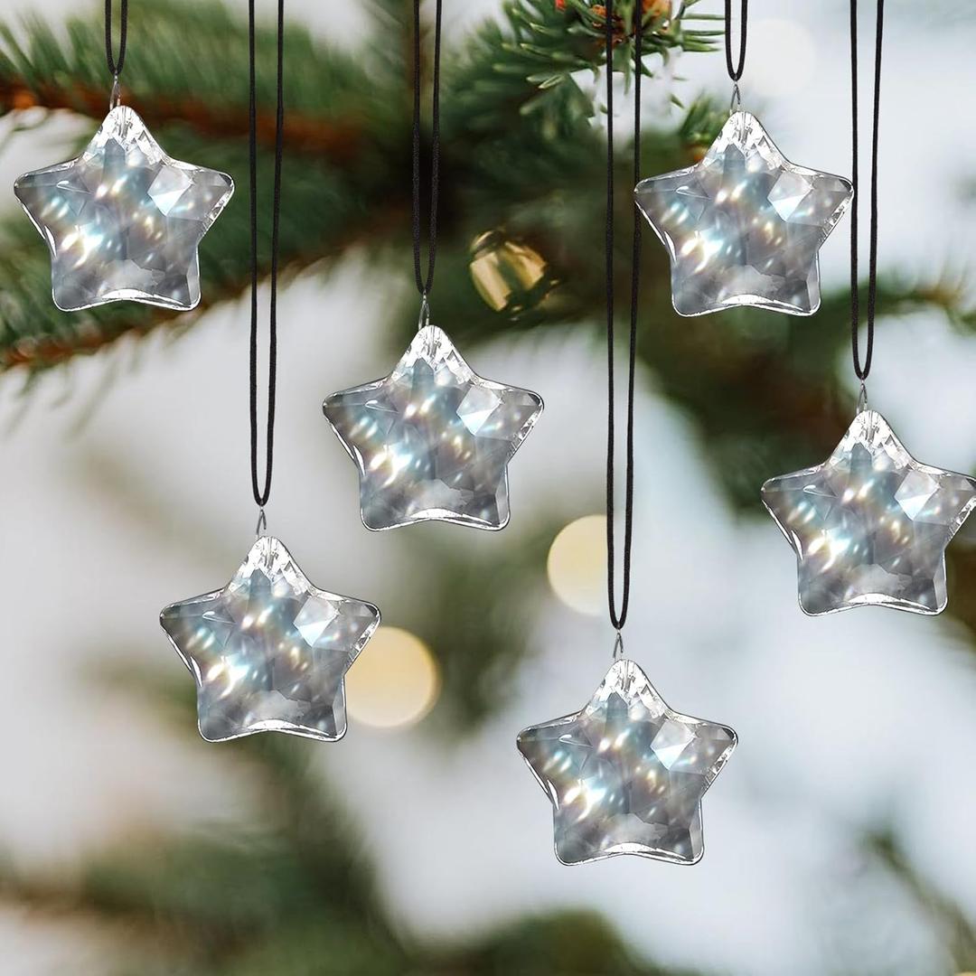 6Pcs Glass Christmas Ornaments Clear Faceted Glass Star Hanging Decorations for Centerpieces Sun Light Catcher Crystal Ornaments for Christmas Tree Windows Chandelier Wedding New Year Party Supplies