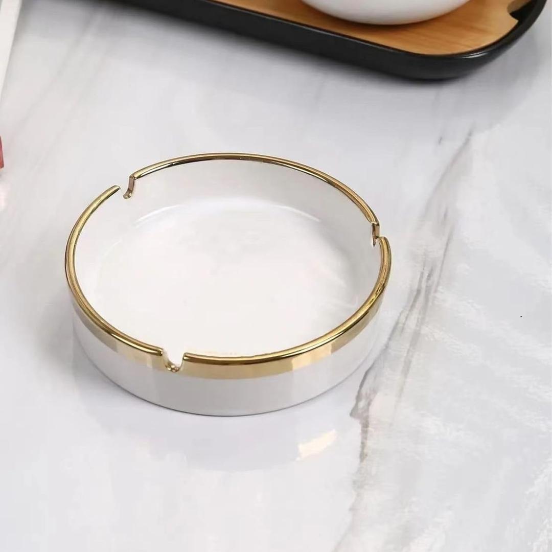 Ceramic Gold Edge Ashtray, White Round Ashtray for Cigaretes, 3.7''x1.5'' Classic Indoor Ash tray for Home Office Coffee Bar