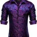 Mens Silk Paisley Dress Shirt Casual Button Down Shirt Long Sleeve Western Floral Shirts Wedding Party Holiday (Purple, XXL)