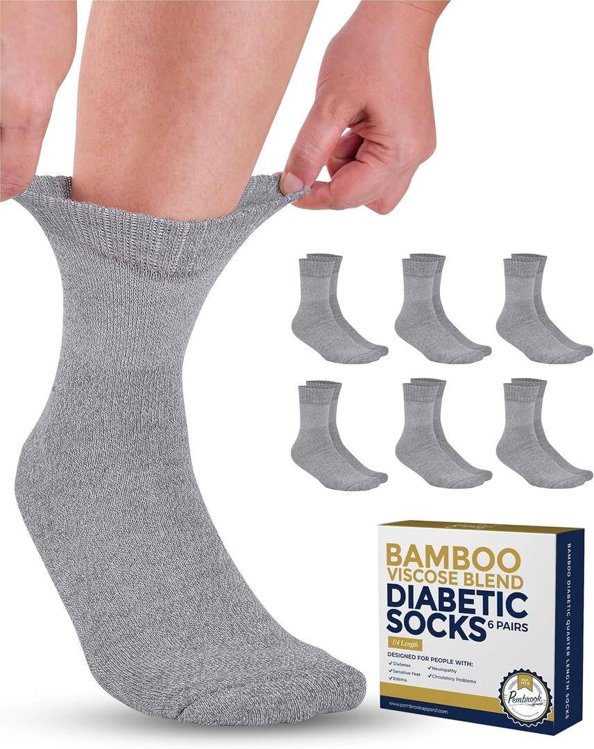 Pembrook Bamboo Viscose Diabetic Socks for Women & Men - 6 Pairs Ankle Socks for Swollen Feet | Neuropathy Socks | Moisture Wicking Ankle Neuropathy Socks for Men | Mens Diabetic Socks | Gray (Large)