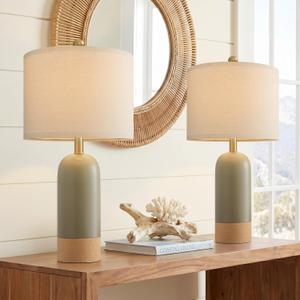 PoKat 24'' Hand-Textured Green Table Lamps for Bedroom, Farmhouse Bedside Lamps Set of 2 for Living Room, Modern Ceramic Nightstand Lamps for Guest Room Home Office Gift, Matte Green & Earthy Yellow