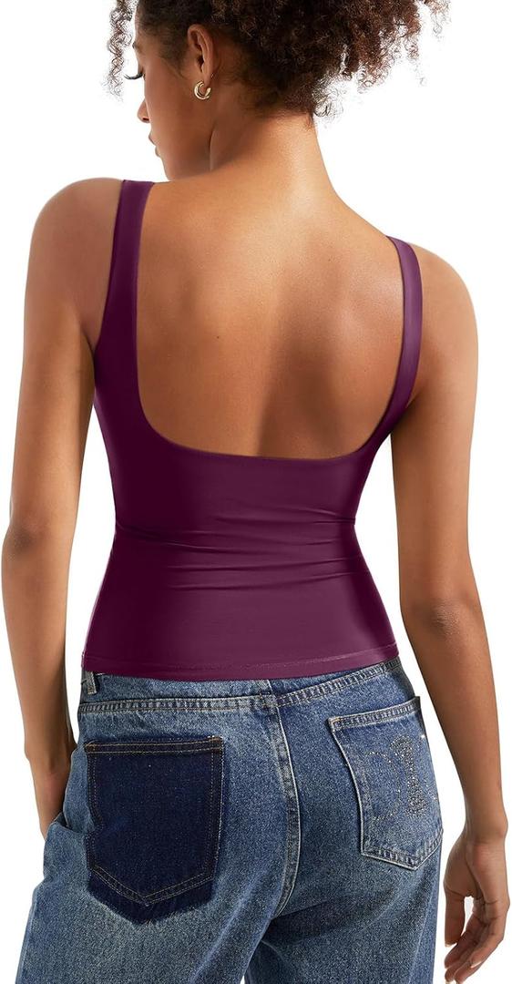 SUUKSESS Women Padded Open Back Boat Neck Tank Tops Double Lined Basic Shirts (Small, Violet)