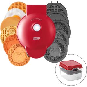 DASH Multimaker with 7 Removable Plates: Waffle Iron & Griddle + 3 Themed Plates - Santa Pumpkin Snowman - Mini Waffle for Halloween and Christmas Holidays - for Kids and Families (Red)