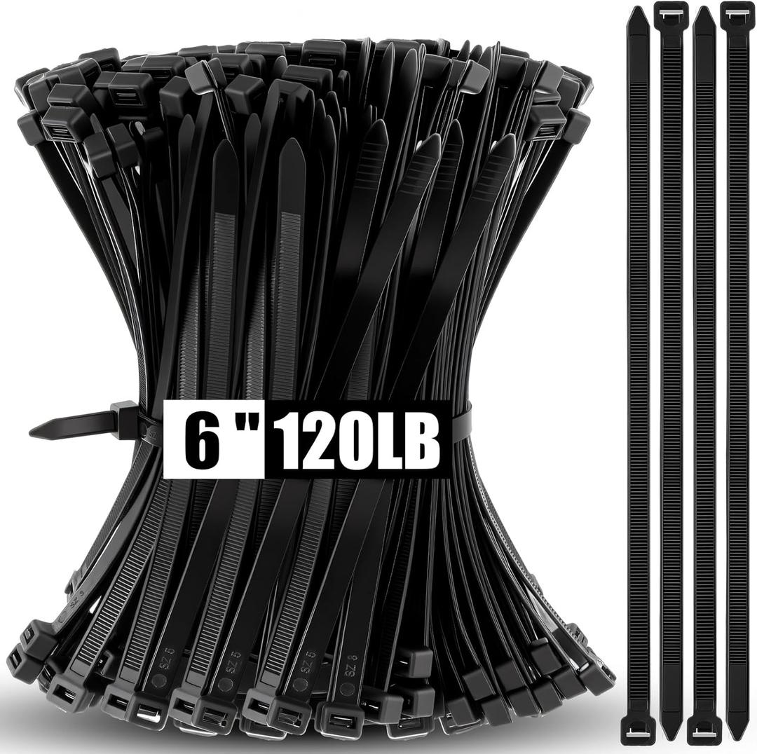 Reallnaive 500 Pcs 6 Inch Zip Ties Heavy Duty 120 Lbs Tensile Strength Black Nylon Wire Cable Ties Bulk for Indoor Outdoor
