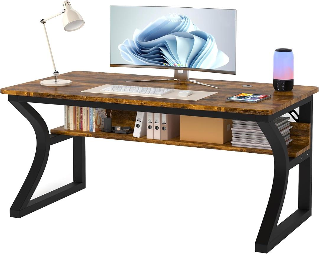 AZN Computer Desk, 47 X 20 inch Computer Desk, Office Desk w/Storage, Large Legroom, Sturdy Metal Frame, Home Office Desks for Gaming Study Writing Work, Waterproof, Scratch-Resistant, Rustic Brown