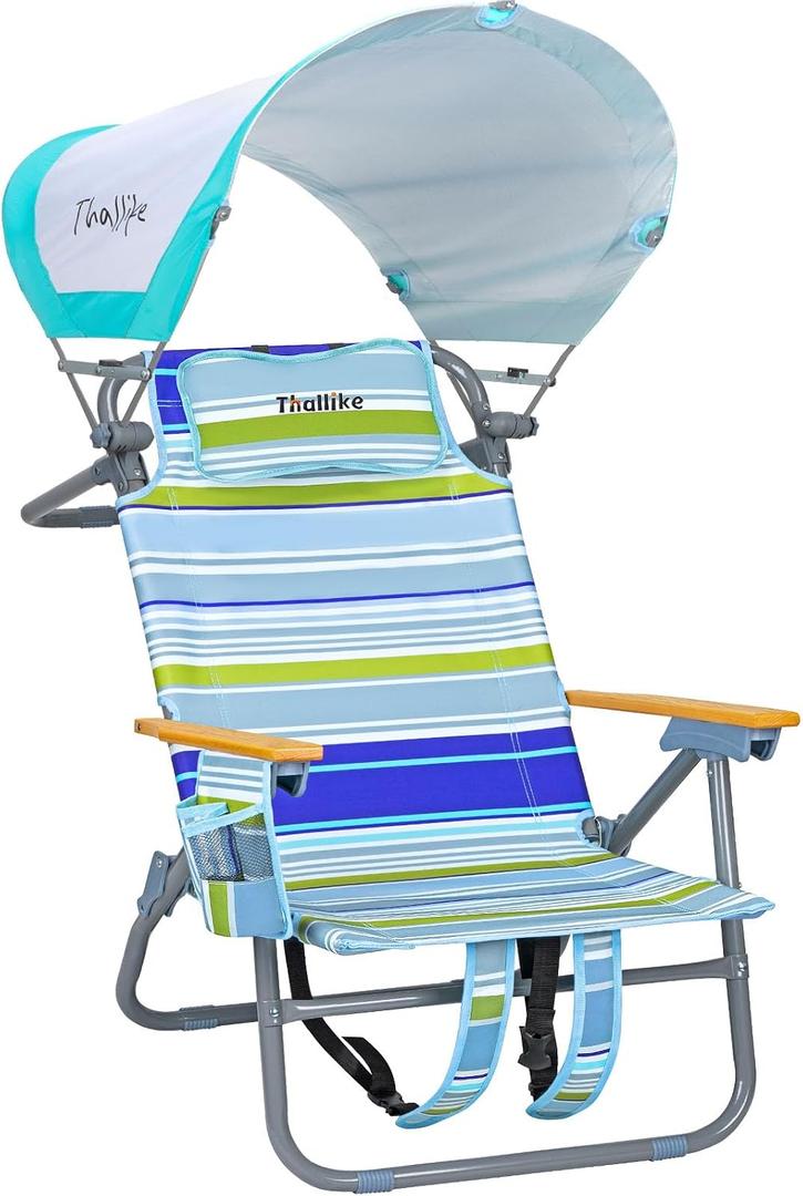 5-Position Reclining Backpack Beach Chair with Canopy Headrest Cooler Bag Cup Holder Towel Bar Storage Pouch Wooden Armrests Aluminum Frame Supports 400 lbs Foldable for Adults Camping Travel