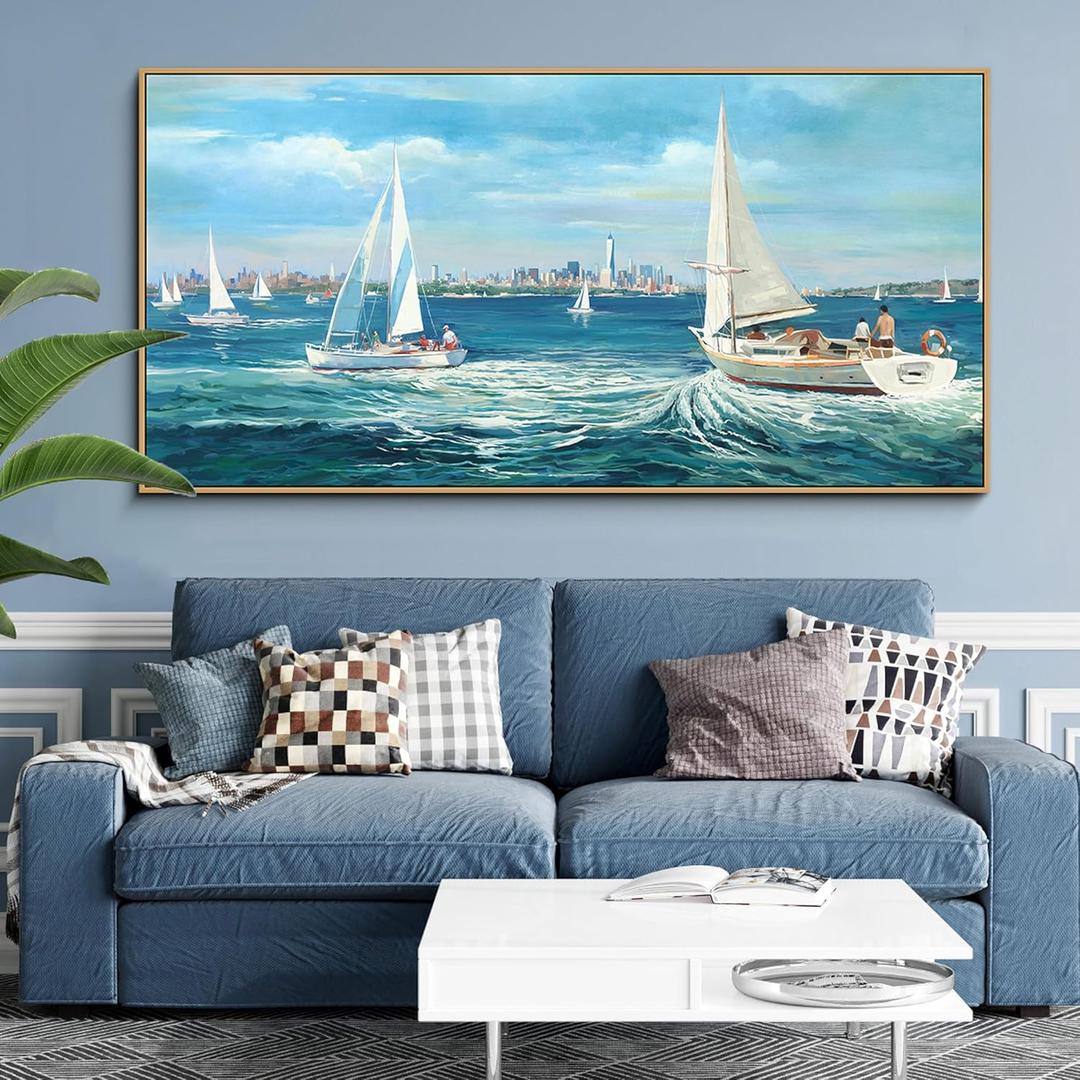 XLSJERST Large Blue Canvas Wall Art Seascape Painting - Landscape Picture Textured Navy Modern Sailboat Ocean Artwork Framed for Living Room Bedroom Bathroom Home Office Wall Decor Large Size 24"x48"