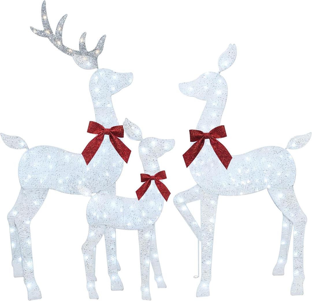 HOYECHI 4 FT Christmas Decorations Outdoor Lighted Reindeer  3-Piece 2D Deer Family Set with 145 Warm White LED Lights for Yard, Lawn, Garden & Porch Holiday Display - White