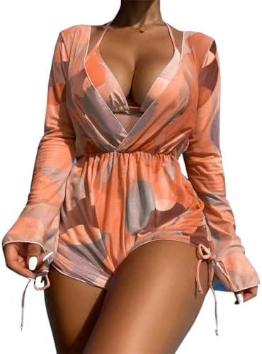 ODASDO Women's Sexy 3 Piece Swimsuits Halter Triangle Bikini Sets with Long Sleeve Mesh Cover Ups Romper Bathing Suits L