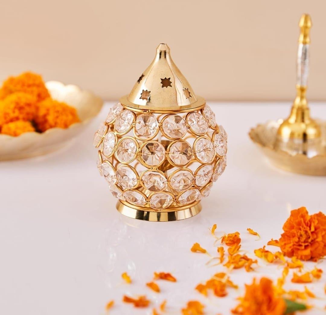 Brass Akhand Pooja Diya for Diwali Crystal Oil Lamp Decorative Brass Deepam with Premium Stones for Diwali Perfect for Deepawali Decoration - Golden