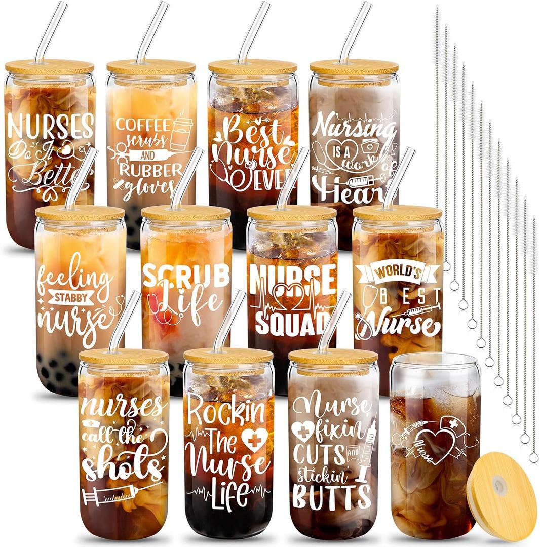 Uiifan 12 Pcs Nurse Gifts for Women 16 oz Can Shaped Glass Cups with Lids and Straw Funny Nurses Week Appreciation Gifts Nurse's Day Gift for Christmas Graduation Birthday School Supplies(Delicate)