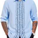Runcati Mens Ruffle Tuxedo Shirt 80s Medieval Retro Costume Tops Long Sleeve Party Dinner Dress Shirts (Blue 2XL)