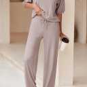 AOHITE Womens 2 Piece Outfits Lounge Sets Short Sleeve Pullover Tops Elastic Wide Leg Pants Set Sweatsuits Tracksuit (Pink, S)