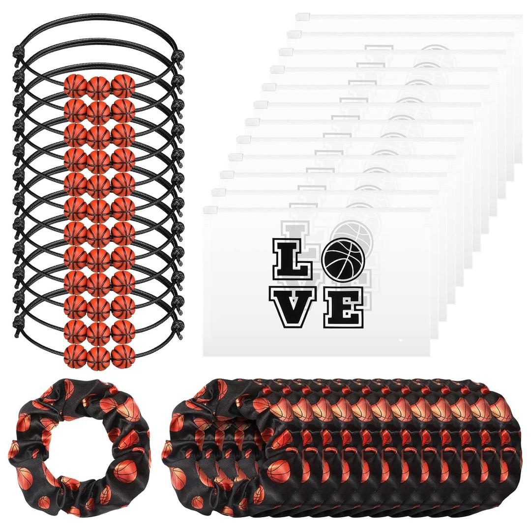 Hicarer 36 Pieces Basketball Team Gifts Set Includes 12 Basketball Charm Bracelets 12 Pouch Small Portable Travel Makeup Bag 12 Scrunchies Elastic Hair Ties for Women Men Team