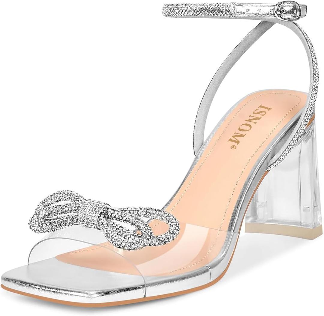 ISNOM Clear Rhinestone Heels for Women, Comfortable and Sassy, Suitable for All Occasions (9.5, Bow Silver)
