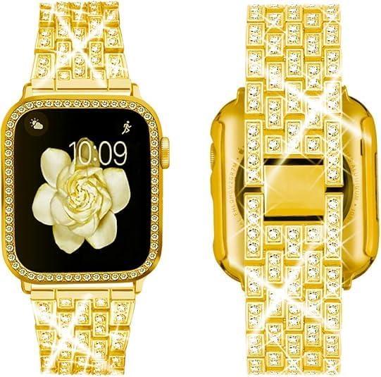Supoix Compatible with Apple Watch Band 38/40/41/42/44/45/46/49mm+ Case, Women Jewelry Bling Diamond Rhinestone Replacement Metal Bands & 2 Pack PC Protector Case for iWatch Ultra 3/2/1 Series 11/10/9/8/7/6/5/4/3/2/1/SE (Gold)