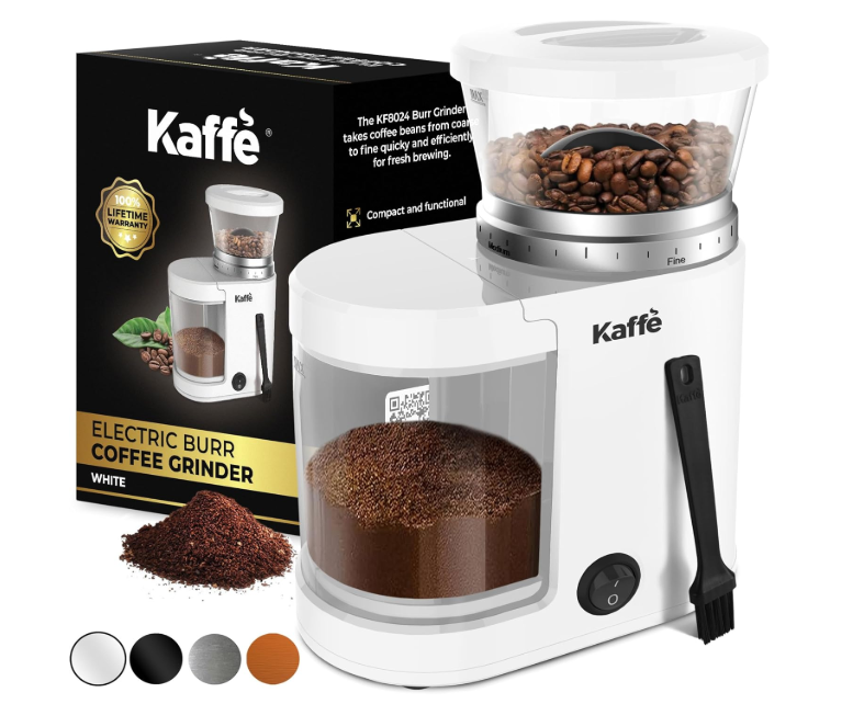 Kaffe Electric Burr Coffee Grinder (5.5oz) w/Adjustable Coarseness Settings  Flat Burr  [New Upgraded Motor ]  Precision Coffee Bean Grinder for Home Use  White