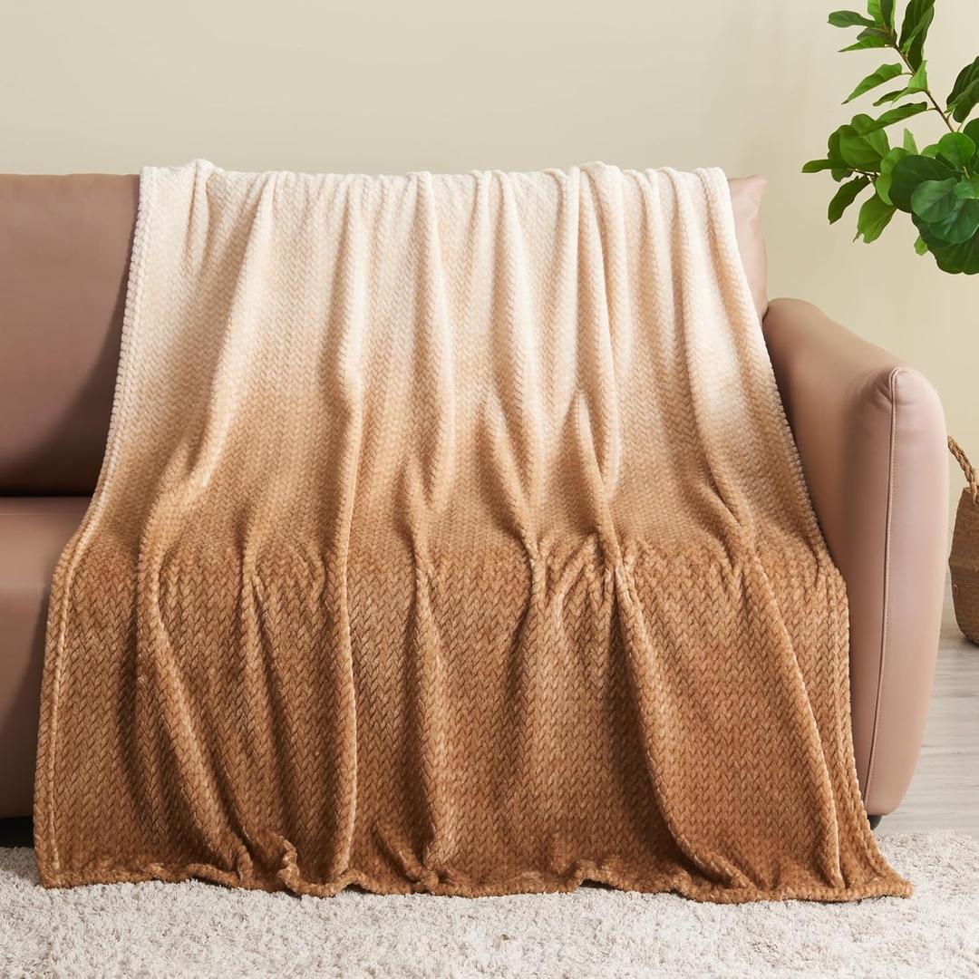 NEWCOSPLAY Super Soft Throw Blanket Ombre Brown Premium Silky Flannel Fleece Leaves Pattern Lightweight Bed Blanket All Season Use (Ombre Brown, Throw(50"x60"))