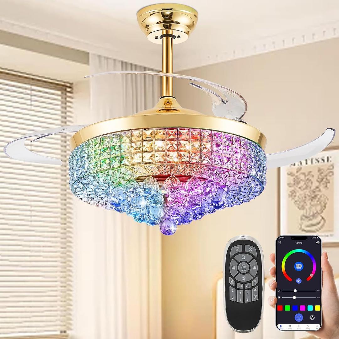 48" Bluetooth Ceiling Fan with Light and Speaker,RGB Retractable Blades Crystal Fandelier Music Player LED Chandelier 6-Speed APP Control Timer Remote Control for Bedroom Gold