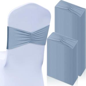 Moukeren 100 Pcs Spandex Chair Sashes Bows Bands Slider Sashes for Chair Covers Elastic Ties Ribbon Decorations for Wedding Party Events Ceremony Birthday Banquet (Dusty Blue)