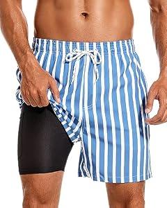 SILKWORLD Quick Dry Mens Swimsuit Trunks with Compression Liner High-end Striped Swim Shorts 5 inch Bathing Suits with Zipper Pockets, Blue&White Vertical Stripes, XX-Large