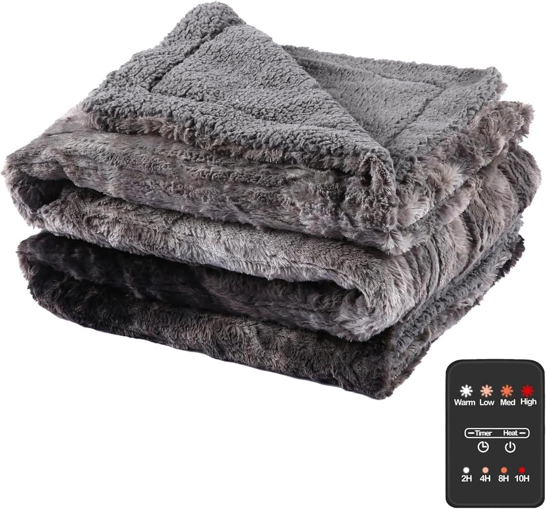 Electric Heated Blanket Throw Size 50"60" with 4 Heating Levels & 4 Hours Auto Off, Heating Throw Plush Faux Fur, Energy Efficient, Machine Washable, Gradient Gray