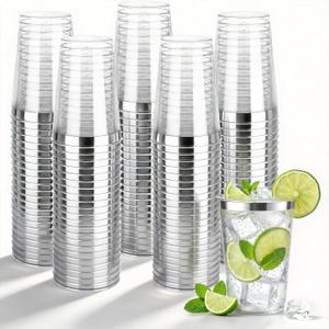 200 Pack Silver Plastic Cups, 12 Oz Clear Disposable Cups with Silver Rim, Heavy Duty Cocktail Cups for Party, Wedding and Daily Use, 200PCS