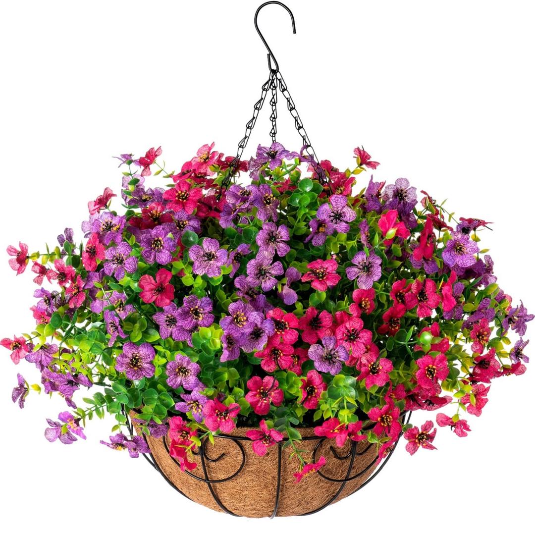 HyeFlora Artificial Faux Hanging Plants Flowers Basket for Spring Summer Outdoor Outside Decoration, Fake Silk Colorful Daisy Eucalyptus in Planter UV Resistant Realistic for Porch Patio Balcony Yard