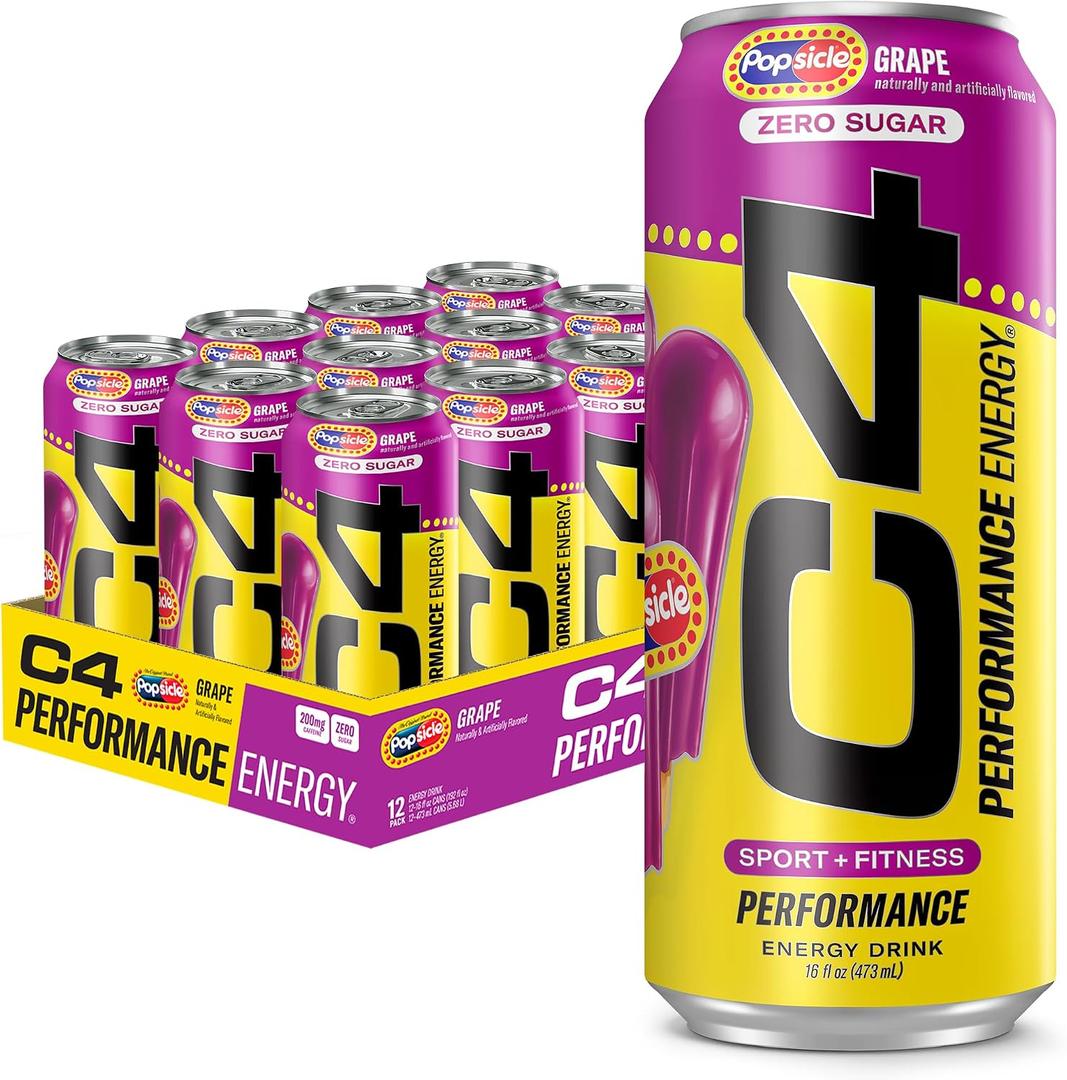 C4 Performance Energy Drink, Grape Popsicle, Zero Sugar Carbonated Preworkout Energy, 200mg Caffeine with Beta Alanine, 16 Fl Oz (12 Pack) | Carbonated, Pre Workout, Performance Drink, no Artificial Colors, no Dyes (EXP 03/01/27)