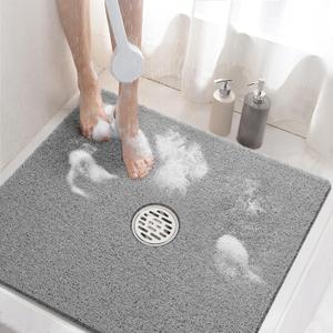 HITSLAM Square Shower Mat, 24 x 24 Inch Non Slip Bath Mat for Tub, Soft PVC Loofah Bathtub Mats with Drain Holes, Quick Drying Bathroom Stall Floor Mat, Bathroom Accessories Without Suction Cup, Grey
