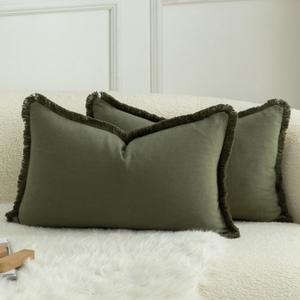MANDIOO Set of 2 Neutral Cotton Fringe Throw Pillow Covers Decorative Boho Farmhouse Cushion Covers Cozy Tassels Pillowcase for Couch Sofa Bedroom Living Room Home Decor 12x20 Inch Olive Green