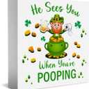 St. Patricks Day Decor Funny He Sees You When You Re Pooping Bathroom Wooden Box Sign,for Bathroom Shelf Washroom Toilet Restroom Shelves Decor 5 x 5 Inches