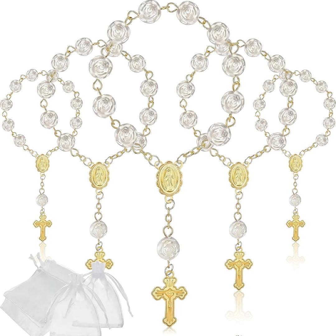 Jadive Mini Rosaries Baptism Rosary Beads Finger Baptism Rosaries Bulk with Organza Bags for First Communion Christening Weddings Party Favors