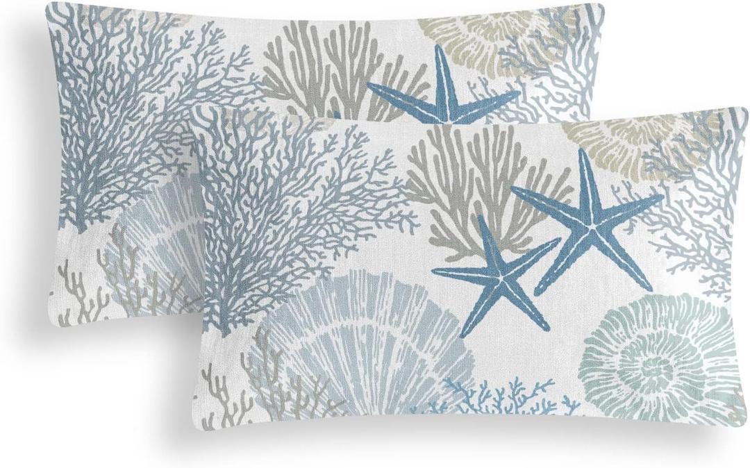 Tritard Nautical Coastal Throw Pillow Covers 12x20 Inches Set of 2 Beach Themed Ocean Seashell Coral Starfish Velvet Couch Lumbar Pillow Cover Outdoor Sofa Cushion Cover for Bedroom Living Room, Blue