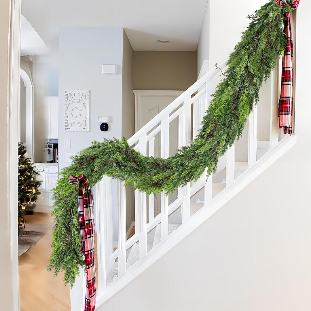 9 FT Christmas Cedar Garland, Thick Green Cypress Garlands, Real Touch Pine Garlands, Realistic Garland Christmas Decorations for Outdoor Indoor Table Mantel Railing Stair Porch Decor 