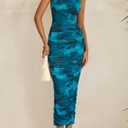 PRETTYGARDEN Wedding Guest Dresses for Women Summer 2026 One Shoulder Ruched Mesh Bodycon Cocktail Beach Floral Maxi Dress (Blue, S)