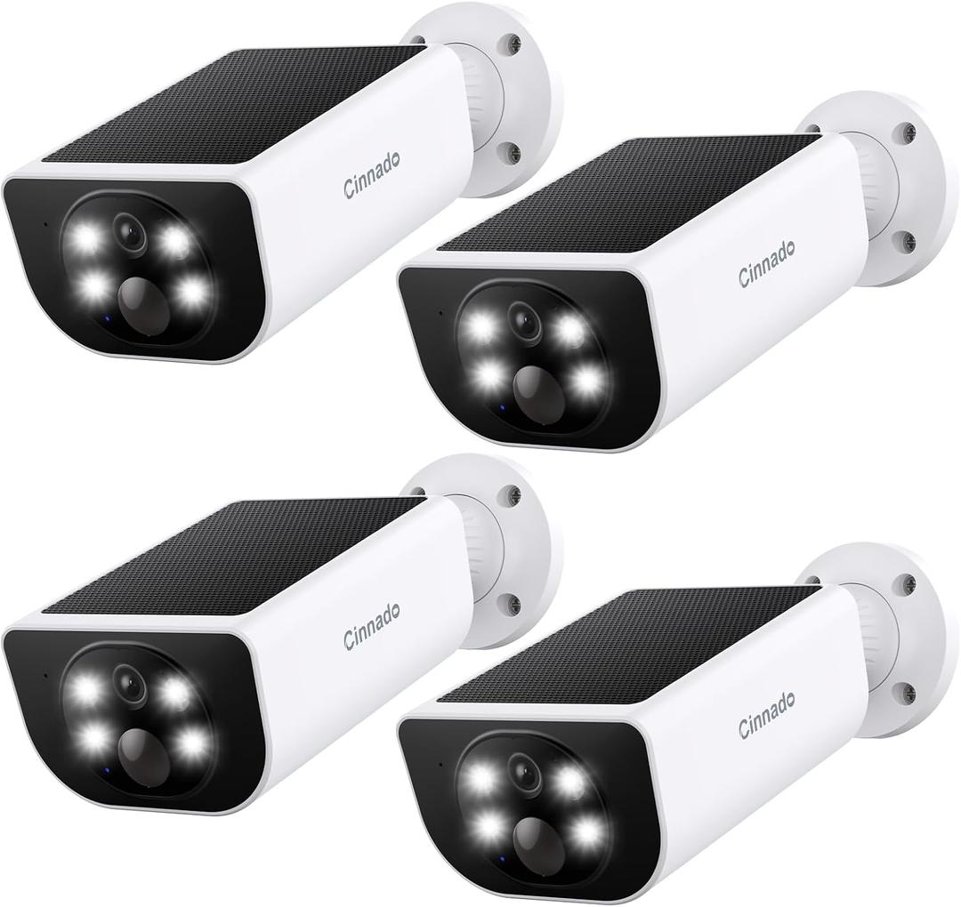 Cinnado Security Cameras Wireless Outdoor - Home Security Cameras Solar & Battery Powered with 2K Color Night Vision, 2-Way Talk & Spotlight, Continuous Power, 2.4 GHz Wi-Fi, Easy Set Up, S1 4 Pack