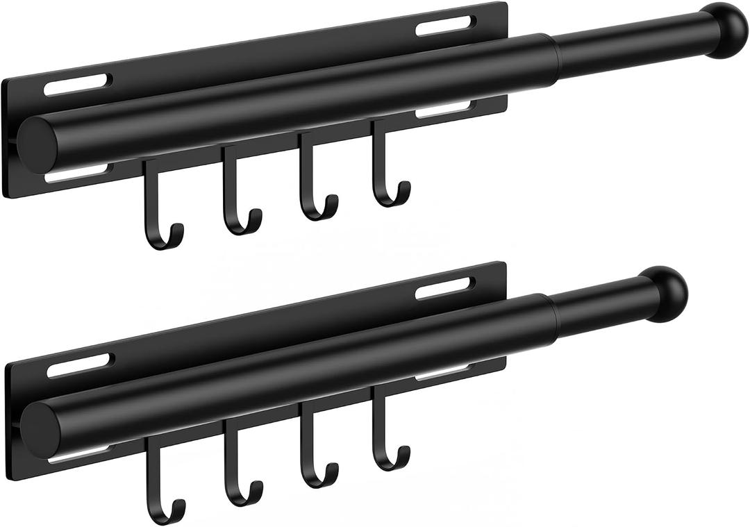 2 Pack Valet Rod for Closet Retractable with 4 Hooks, 13.4"-23.2" Pull Out Clothes Rail, Heavy Duty Alloy Steel Side Mount Wardrobe Bar, Adjustable Organizer for Laundry, Bathroom, Entrance (Black)