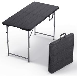 4 Feet Foldable Table Adjustable Height with Built in Handle, Steel Legs | 4FT Heavy Duty Portable | Perfect for Party Dining Wedding Events Picnic Indoor Outdoor Camping Utility Folding - 4 Foot (Black)