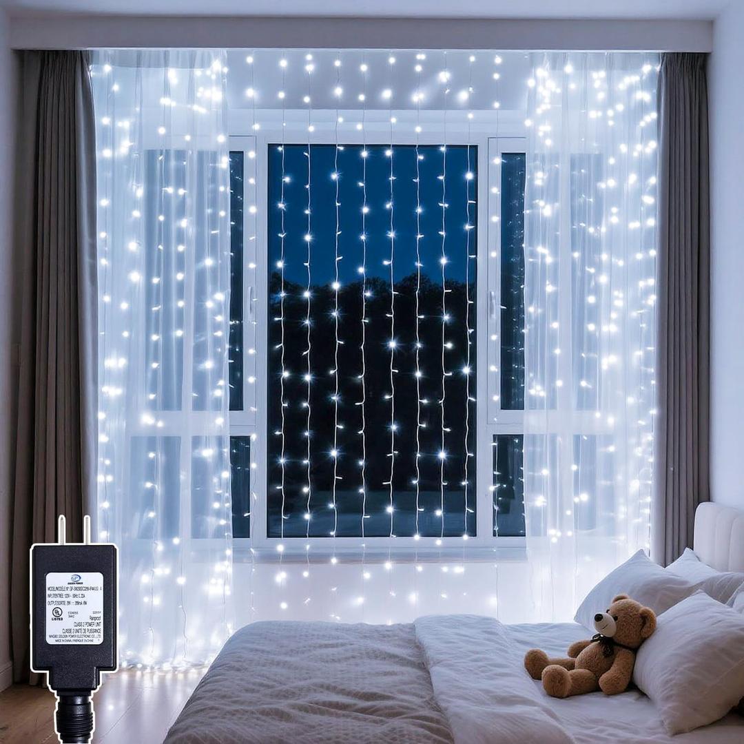 Curtain Lights with Hooks, 200 LED 9.8 x 6.6FT Window String Lights, Plug in Fairy Lights with Remote & Timer, 8 Modes Waterproof Hanging Backdrop Lights for Bedroom, Wedding, Christmas Decor (Cool Whtie)