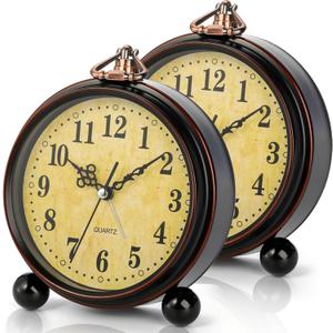 Pumtus 2 Pack Vintage Retro Analog Alarm Clocks, 5.2 Inch Silent Non Ticking Small Table Clock, Battery Operated Desk Clocks for Bedroom, Elegant Bedside Gift Clock for Living Room, Office, Room Decor
