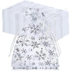 100Pcs Christmas Organza Gift Bags, 4x6 Snowflake Mesh Drawstring for Xmas Wedding Party Favor, Jewelry Candy Goodie - Organza Bags (Silver)