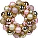 Christmas Ball Wreath 13" Xmas Wreaths Ornaments Glitter Thicken Shatterproof Garland Decoration for Door Wall Mantel Holiday Party Decor, Champagne Gold & Pink