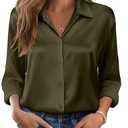 Zeagoo Womens Tops Long Sleeve Button Down Shirts Casual Satin Silk Blouses 2025 Fall Fashion Clothes Army Green M