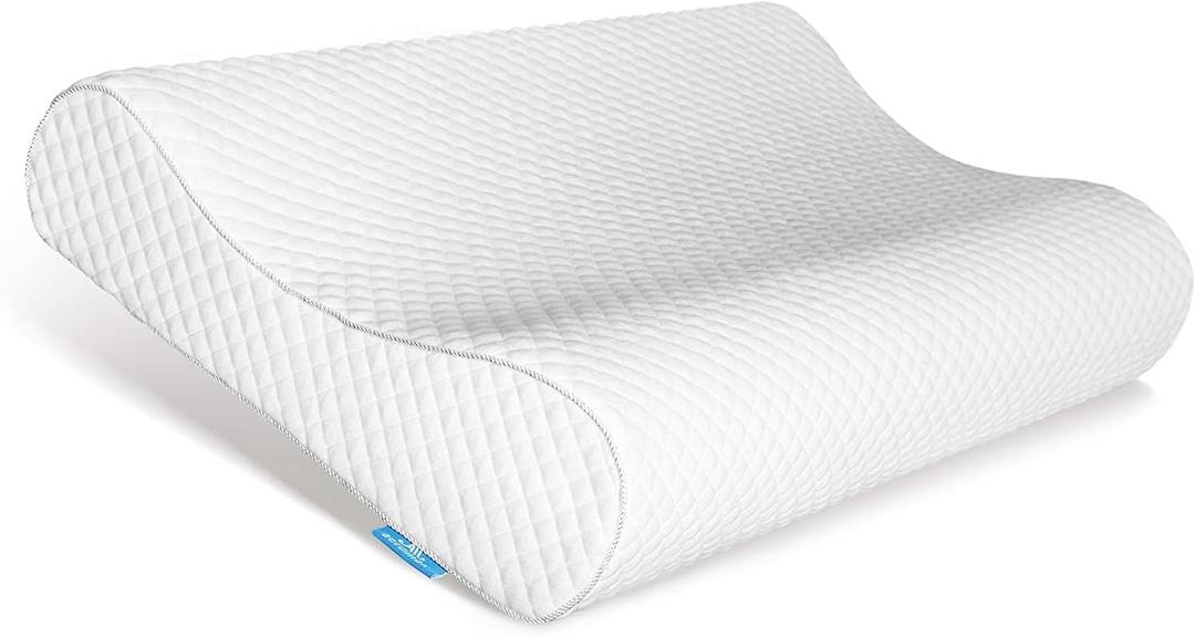Ergonomic Memory Foam Pillow with Washable Zippered Soft Cover Contour Cervical pillows for Neck Pain and Side Sleeper Back Support Orthopedic Pillow, White and Blue, 2-Pack