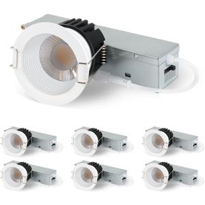 Aosclex 2 Inch 5CCT Anti-Glare LED Recessed Lights with Jbox, 2700K/3000K/3500K/4000K/5000K Selectable, 8W 840LM CRI90+, Dimmable Canless Downlight, Waterproof Light Fixtures, ETL & FCC White, 6 Pack
