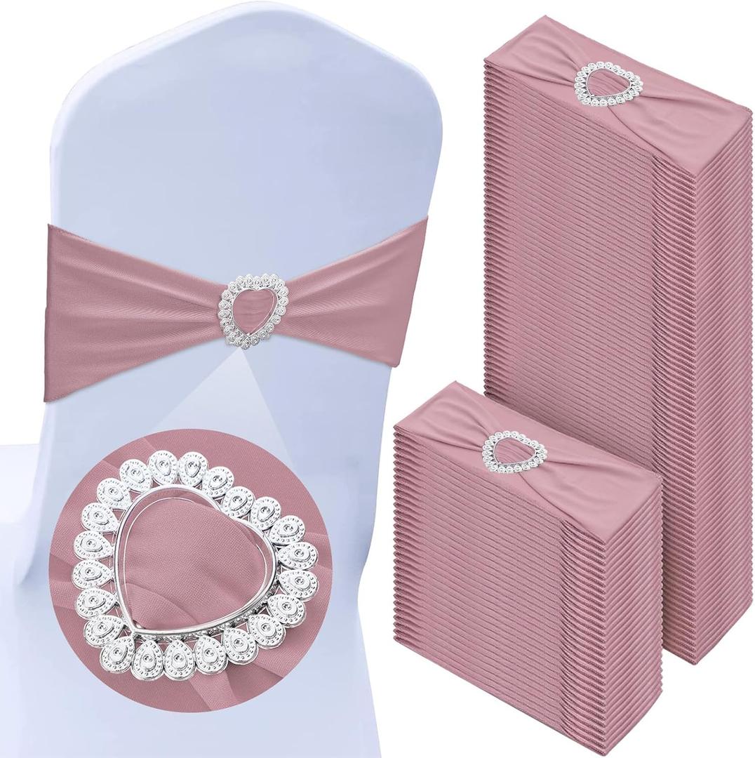 150 Pcs Spandex Chair Sashes Bows Stretch Chair Cover Band with Heart Shaped Buckle Universal Elastic Ties for Wedding Banquet Event Party Decoration(Dusty Pink),  5.1 x 13.8'
