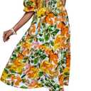PRETTYGARDEN Women's Summer Casual Dresses 2026 Spring Puff Sleeve Square Neck A Line Flowy Boho Floral Smocked Midi Dress (L)