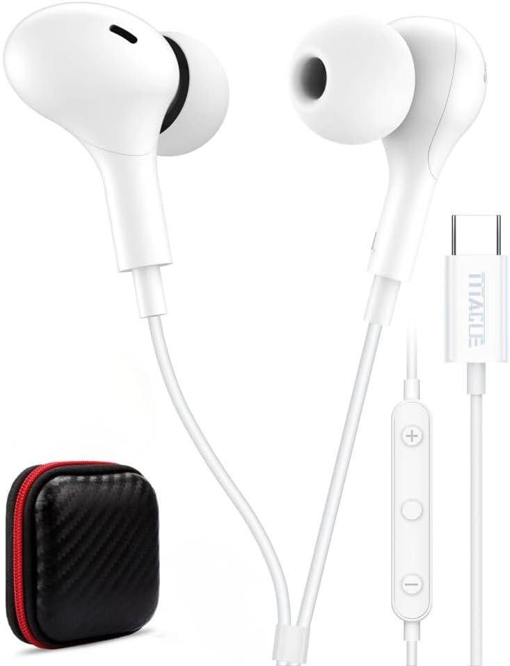 USB C Headphone for Samsung S23 FE S22 S21 S20 A53 A54 Wired Earbuds Magnetic in-Ear Type C Earphone with Microphone Volume Control Bass Stereo Noise Canceling for iPhone 15 Pro Max Pixel 6 6a 7a 8 5 (White)